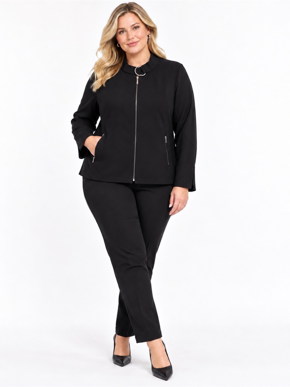 Carlisle Black Jacket Silver Ring Buckle Collar Zip Pockets Womens Blazer